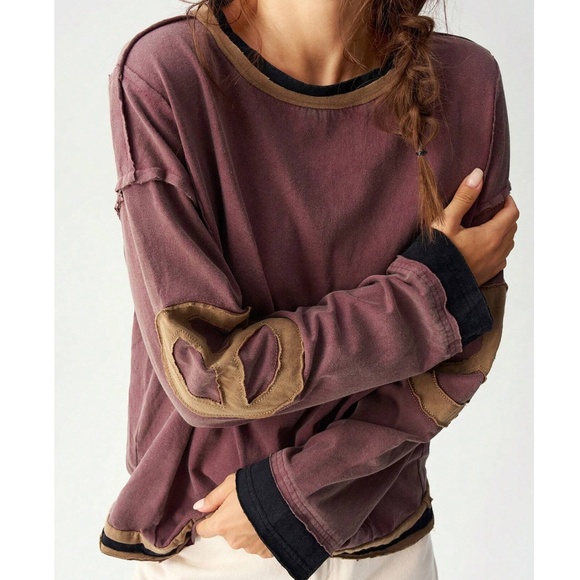 Cozy Peace Patch Oversized Reverse Stitch Color Block Top - Picture 8 of 16